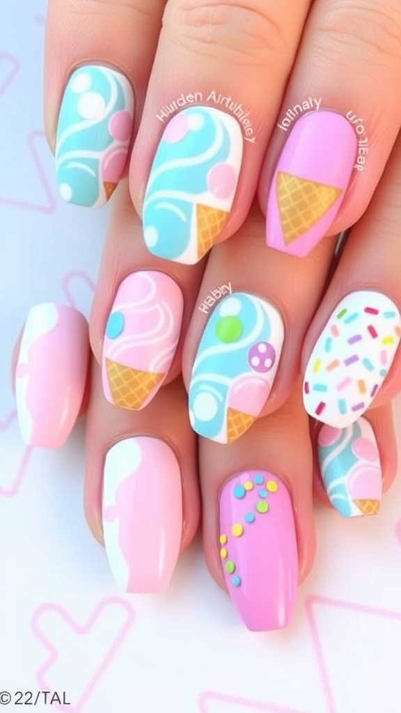 Colorful ice cream nail designs with swirls, cones, and sprinkles on a light background.